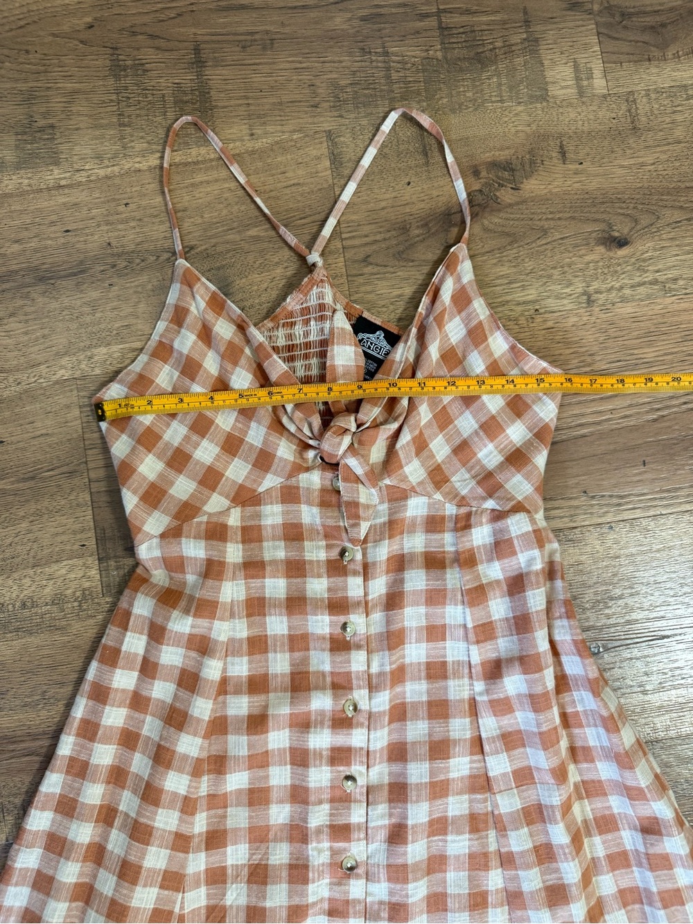ANGIE  Rust and Cream Plaid Maxi Dress with Front Tie V-Neck Button Cotton M. - Picture 2 of 13